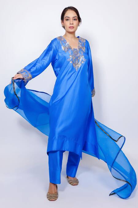 Shop Brahmand By Vertika Kalra Blue Silk Embroidery Royal Kurta Pant Set Online at Aza Fashions Shop_Brahmand By Vertika Kalra_Blue Silk Embroidery Royal Kurta Pant Set _Online_at_Aza_Fashions