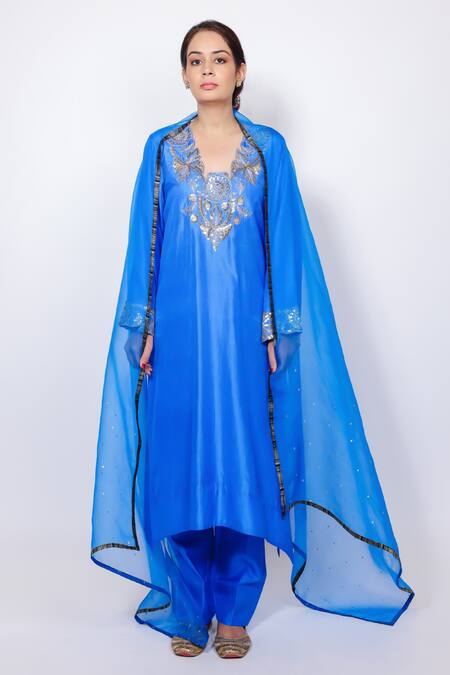 Buy Brahmand By Vertika Kalra Blue Silk Embroidery Royal Kurta Pant Set Buy_Brahmand By Vertika Kalra_Blue Silk Embroidery Royal Kurta Pant Set
