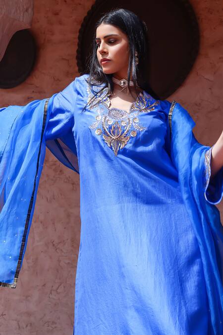Shop Brahmand By Vertika Kalra Blue Silk Embroidery Royal Kurta Pant Set Shop_Brahmand By Vertika Kalra_Blue Silk Embroidery Royal Kurta Pant Set