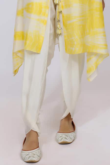 Buy_Brahmand By Vertika Kalra_Yellow Chanderi Beads, Mirrors Embroidered Asymmetric Kurta And Dhoti Pant Set _Online_at_Aza_Fashions