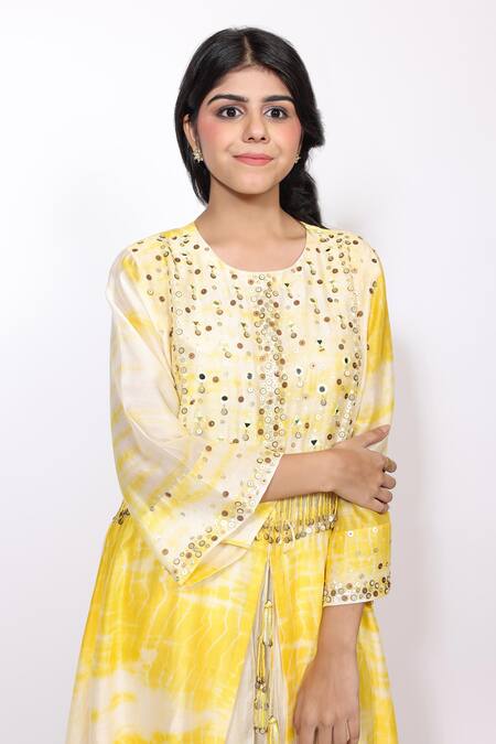 Shop_Brahmand By Vertika Kalra_Yellow Chanderi Beads, Mirrors Embroidered Asymmetric Kurta And Dhoti Pant Set _Online_at_Aza_Fashions