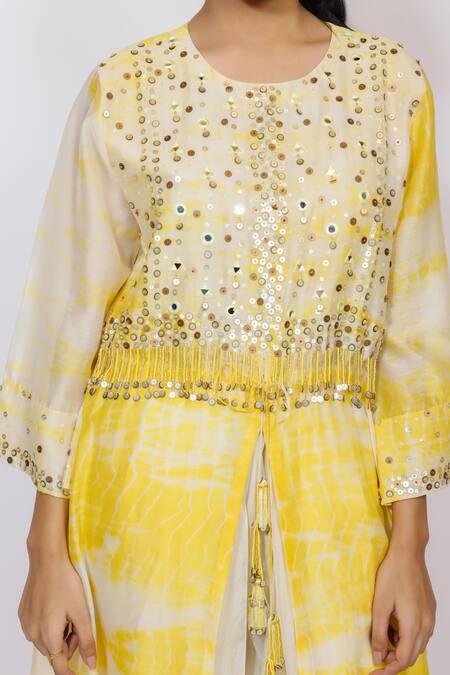 Brahmand By Vertika Kalra_Yellow Chanderi Beads, Mirrors Embroidered Asymmetric Kurta And Dhoti Pant Set _at_Aza_Fashions