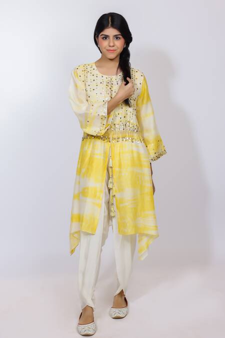 Shop_Brahmand By Vertika Kalra_Yellow Chanderi Beads, Mirrors Embroidered Asymmetric Kurta And Dhoti Pant Set 