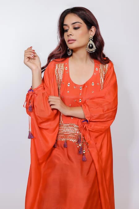 Buy_Brahmand By Vertika Kalra_Orange Muslin Mirrors Round Neck Embroidered Kaftan And Pant Set _Online_at_Aza_Fashions