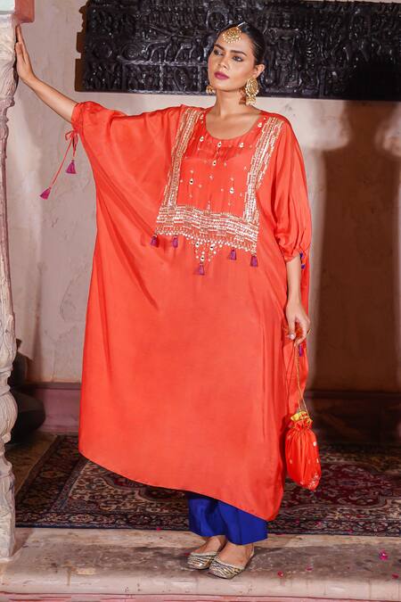 Shop_Brahmand By Vertika Kalra_Orange Muslin Mirrors Round Neck Embroidered Kaftan And Pant Set _Online_at_Aza_Fashions