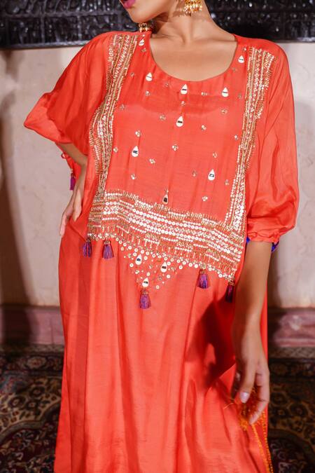 Brahmand By Vertika Kalra_Orange Muslin Mirrors Round Neck Embroidered Kaftan And Pant Set _at_Aza_Fashions