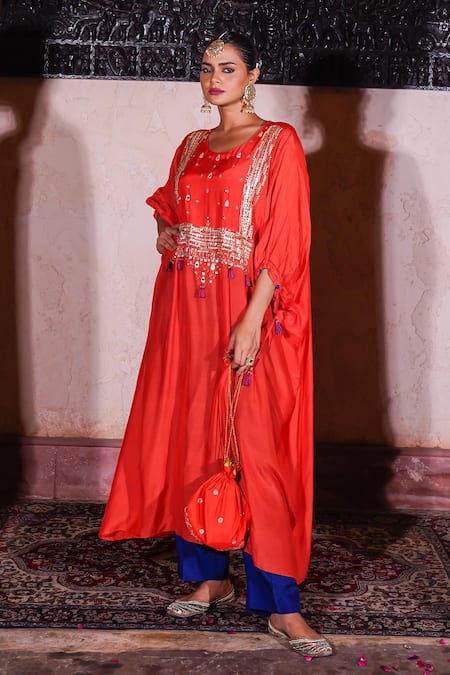 Shop_Brahmand By Vertika Kalra_Orange Muslin Mirrors Round Neck Embroidered Kaftan And Pant Set 
