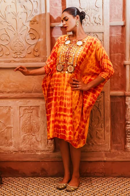 Buy Brahmand By Vertika Kalra Orange Chanderi Mirrors, Sequins, Beads Round Sheesha Embroidered Kaftan Dress Online at Aza Fashions Buy_Brahmand By Vertika Kalra_Orange Chanderi Mirrors, Sequins, Beads Round Sheesha Embroidered Kaftan Dress _Online_at_Aza_Fashions
