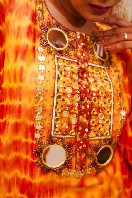 Buy Brahmand By Vertika Kalra Orange Chanderi Mirrors, Sequins, Beads Round Sheesha Embroidered Kaftan Dress Buy_Brahmand By Vertika Kalra_Orange Chanderi Mirrors, Sequins, Beads Round Sheesha Embroidered Kaftan Dress