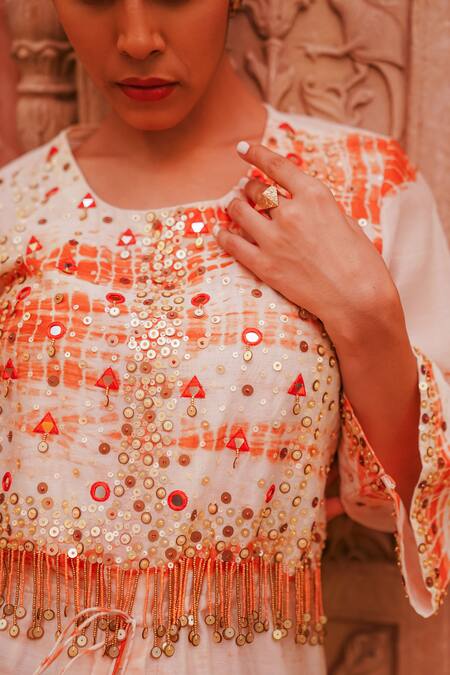 Buy_Brahmand By Vertika Kalra_Ivory Chanderi Mirrors, Beads Round Neck Embroidered Kurta And Dhoti Pant Set _Online_at_Aza_Fashions