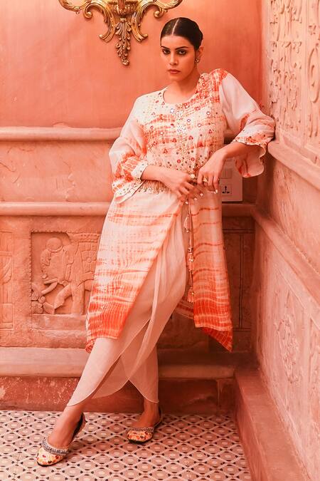 Brahmand By Vertika Kalra_Ivory Chanderi Mirrors, Beads Round Neck Embroidered Kurta And Dhoti Pant Set _at_Aza_Fashions