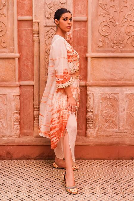 Shop_Brahmand By Vertika Kalra_Ivory Chanderi Mirrors, Beads Round Neck Embroidered Kurta And Dhoti Pant Set 