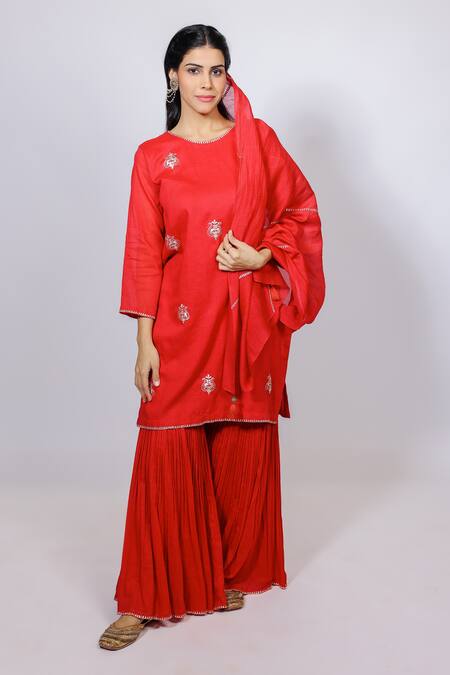 Buy_Brahmand By Vertika Kalra_Red Cotton Embroidery, Zari, Sequins Round Neck Sindoor Kurta And Sharara Set _Online_at_Aza_Fashions