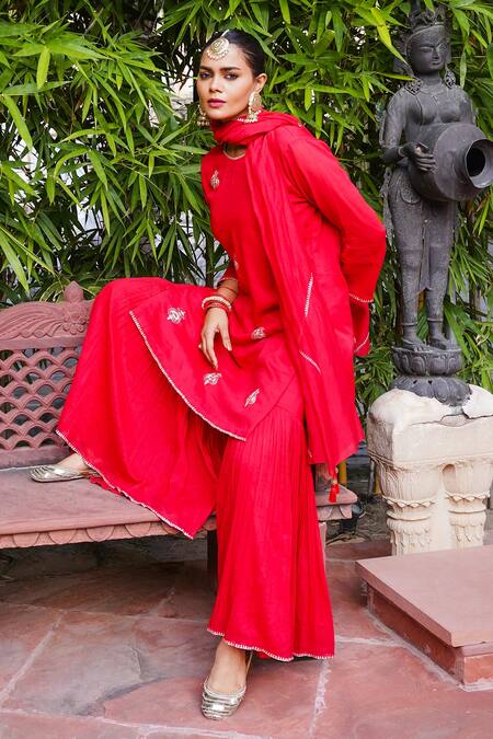 Shop_Brahmand By Vertika Kalra_Red Cotton Embroidery, Zari, Sequins Round Neck Sindoor Kurta And Sharara Set _Online_at_Aza_Fashions