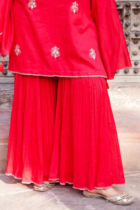 Brahmand By Vertika Kalra_Red Cotton Embroidery, Zari, Sequins Round Neck Sindoor Kurta And Sharara Set _at_Aza_Fashions