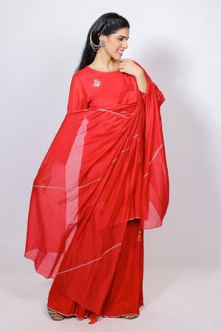Buy_Brahmand By Vertika Kalra_Red Cotton Embroidery, Zari, Sequins Round Neck Sindoor Kurta And Sharara Set 