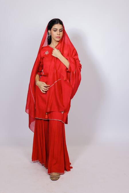 Shop_Brahmand By Vertika Kalra_Red Cotton Embroidery, Zari, Sequins Round Neck Sindoor Kurta And Sharara Set 