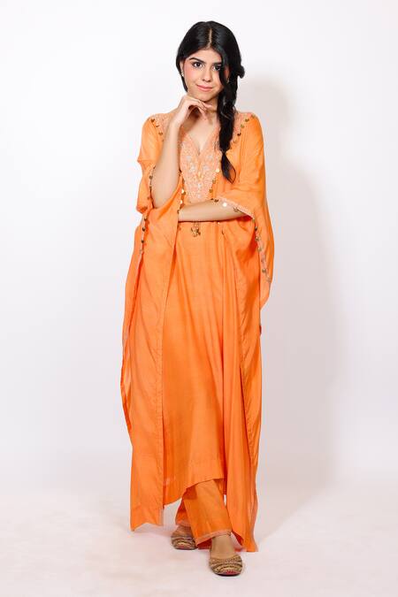 Shop_Brahmand By Vertika Kalra_Peach Muslin Sequins V-neck Embroidered Kaftan And Pant Set _Online_at_Aza_Fashions