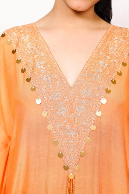 Shop_Brahmand By Vertika Kalra_Peach Muslin Sequins V-neck Embroidered Kaftan And Pant Set 