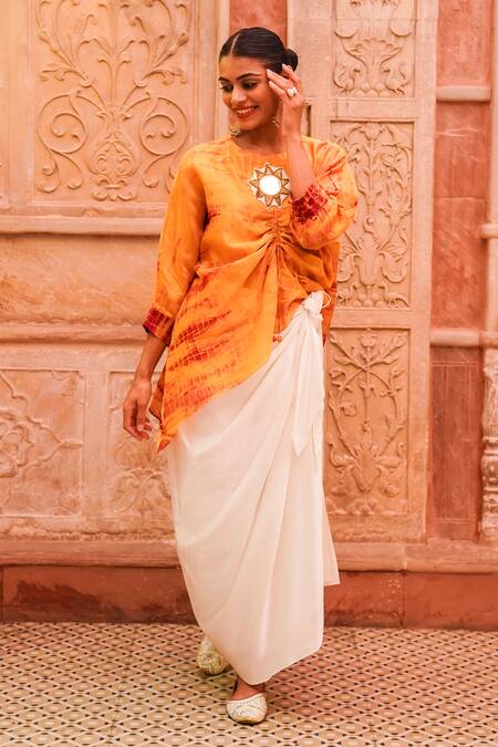 Shop_Brahmand By Vertika Kalra_Orange Chanderi Beads, Embroidery Round Sufiana Tie-dye Top And Dhoti Skirt Set _Online_at_Aza_Fashions