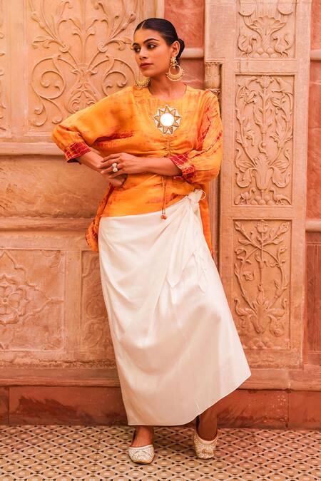Brahmand By Vertika Kalra_Orange Chanderi Beads, Embroidery Round Sufiana Tie-dye Top And Dhoti Skirt Set _at_Aza_Fashions