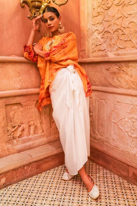 Buy_Brahmand By Vertika Kalra_Orange Chanderi Beads, Embroidery Round Sufiana Tie-dye Top And Dhoti Skirt Set 