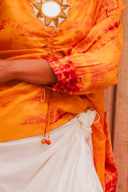 Shop_Brahmand By Vertika Kalra_Orange Chanderi Beads, Embroidery Round Sufiana Tie-dye Top And Dhoti Skirt Set 