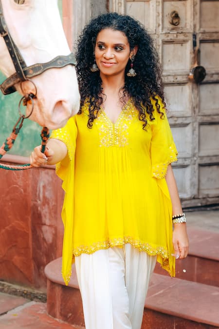 Shop_Brahmand By Vertika Kalra_Yellow Muslin Beads, Zari V-neck Zardozi Embroidered Kurta And Dhoti Pant Set _Online_at_Aza_Fashions