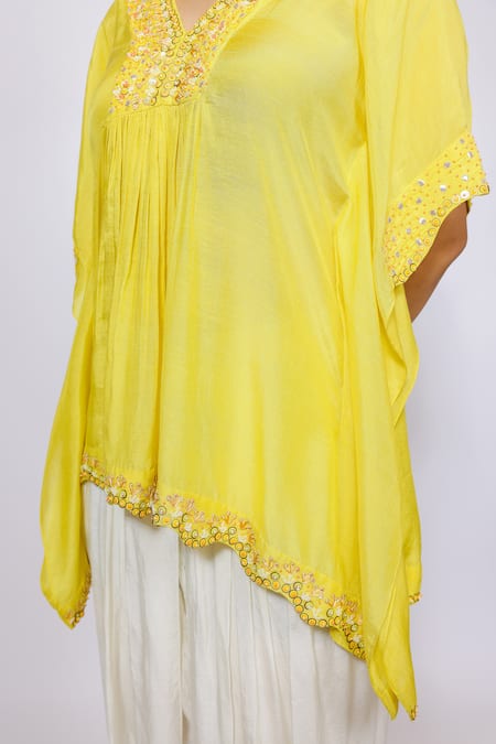 Brahmand By Vertika Kalra_Yellow Muslin Beads, Zari V-neck Zardozi Embroidered Kurta And Dhoti Pant Set _at_Aza_Fashions