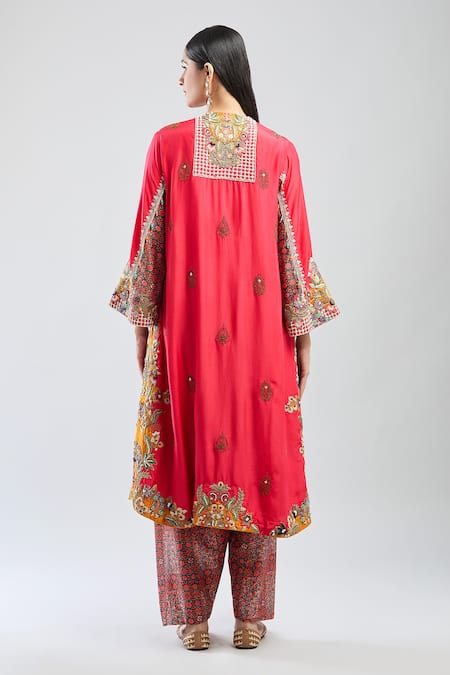 Shop Debyani + CO Red Embroidery, Sequins, Beads V-neck Floral A-line Kurta Set at Aza Fashions Shop_Debyani + CO_Red Embroidery, Sequins, Beads V-neck Floral A-line Kurta Set _at_Aza_Fashions