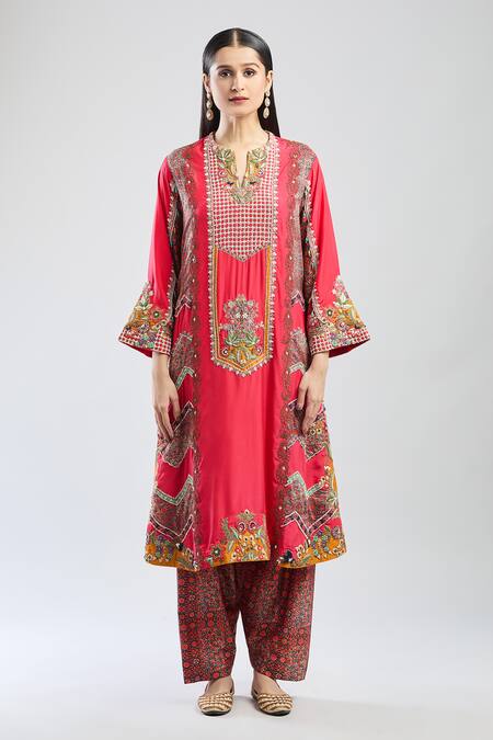Debyani + CO Red Embroidery, Sequins, Beads V-neck Floral A-line Kurta Set Online at Aza Fashions Debyani + CO_Red Embroidery, Sequins, Beads V-neck Floral A-line Kurta Set _Online_at_Aza_Fashions