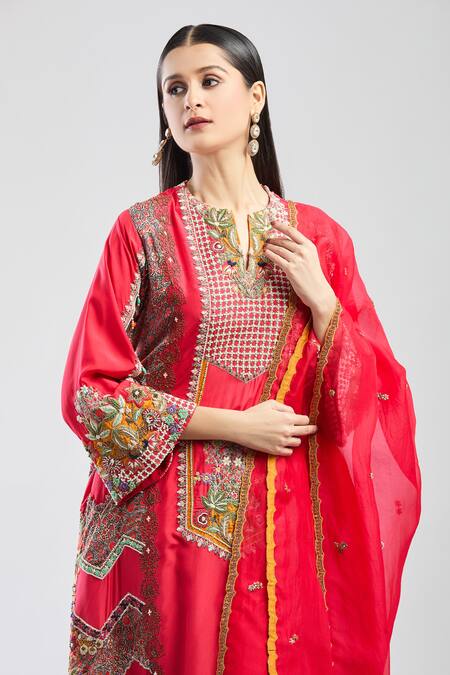 Buy Debyani + CO Red Embroidery, Sequins, Beads V-neck Floral A-line Kurta Set Online at Aza Fashions Buy_Debyani + CO_Red Embroidery, Sequins, Beads V-neck Floral A-line Kurta Set _Online_at_Aza_Fashions