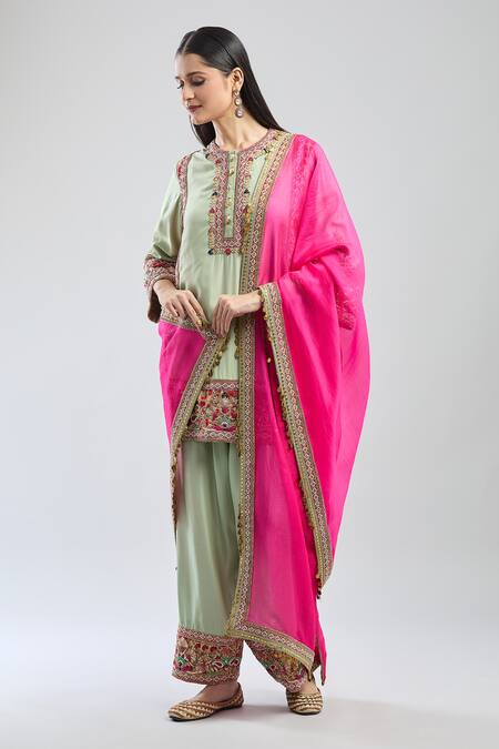 Debyani + CO Green Sequins, Beads, Embroidery Round Neck Floral Kurta Salwar Set Online at Aza Fashions Debyani + CO_Green Sequins, Beads, Embroidery Round Neck Floral Kurta Salwar Set _Online_at_Aza_Fashions