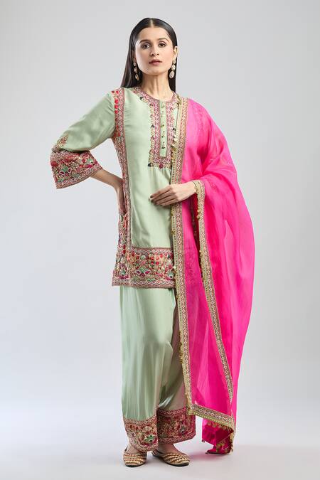 Shop Debyani + CO Green Sequins, Beads, Embroidery Round Neck Floral Kurta Salwar Set Online at Aza Fashions Shop_Debyani + CO_Green Sequins, Beads, Embroidery Round Neck Floral Kurta Salwar Set _Online_at_Aza_Fashions
