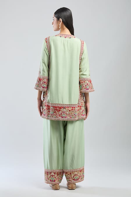 Shop Debyani + CO Green Sequins, Beads, Embroidery Round Neck Floral Kurta Salwar Set at Aza Fashions Shop_Debyani + CO_Green Sequins, Beads, Embroidery Round Neck Floral Kurta Salwar Set _at_Aza_Fashions