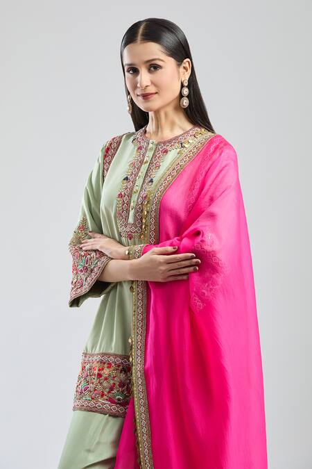 Debyani + CO Green Sequins, Beads, Embroidery Round Neck Floral Kurta Salwar Set at Aza Fashions Debyani + CO_Green Sequins, Beads, Embroidery Round Neck Floral Kurta Salwar Set _at_Aza_Fashions