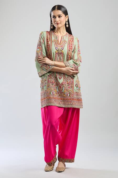 Debyani + CO Green Beads, Sequins, Embroidery Split V-neck Kurta And Salwar Set Online at Aza Fashions Debyani + CO_Green Beads, Sequins, Embroidery Split V-neck Kurta And Salwar Set_Online_at_Aza_Fashions