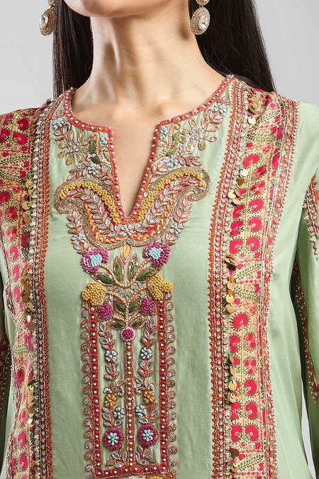Buy Debyani + CO Green Beads, Sequins, Embroidery Split V-neck Kurta And Salwar Set Online at Aza Fashions Buy_Debyani + CO_Green Beads, Sequins, Embroidery Split V-neck Kurta And Salwar Set_Online_at_Aza_Fashions