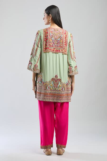 Shop Debyani + CO Green Beads, Sequins, Embroidery Split V-neck Kurta And Salwar Set at Aza Fashions Shop_Debyani + CO_Green Beads, Sequins, Embroidery Split V-neck Kurta And Salwar Set_at_Aza_Fashions