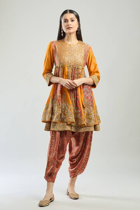 Buy_Debyani + CO_Yellow Cotton Embroidery, Sequins Round Layered Anarkali With Printed Salwar_Online_at_Aza_Fashions