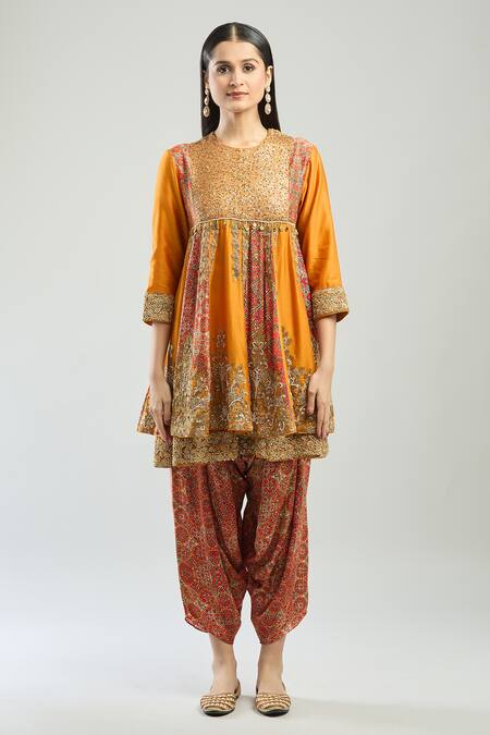 Shop_Debyani + CO_Yellow Cotton Embroidery, Sequins Round Layered Anarkali With Printed Salwar_Online_at_Aza_Fashions