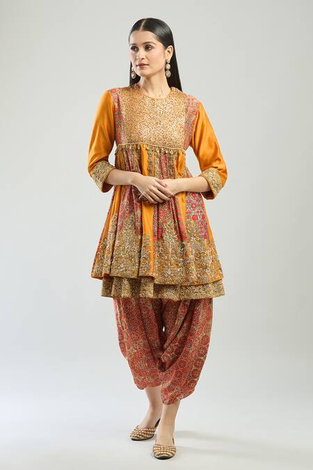 Debyani + CO_Yellow Cotton Embroidery, Sequins Round Layered Anarkali With Printed Salwar_at_Aza_Fashions