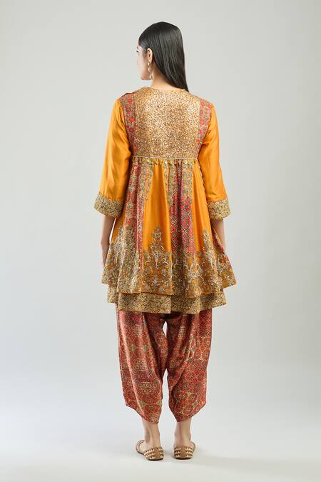 Shop_Debyani + CO_Yellow Cotton Embroidery, Sequins Round Layered Anarkali With Printed Salwar_at_Aza_Fashions