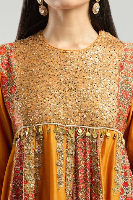 Buy_Debyani + CO_Yellow Cotton Embroidery, Sequins Round Layered Anarkali With Printed Salwar