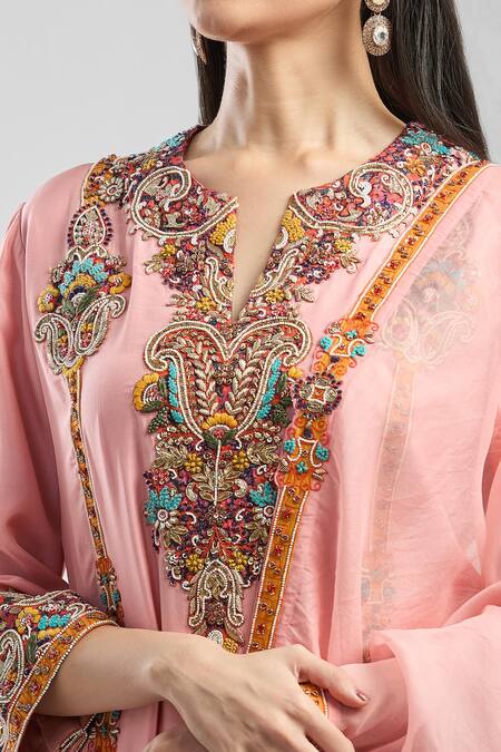 Buy Debyani + CO Pink Cotton, Chiffon Embroidery, Sequins, Beads Split V-neck Floral Kurta Set Online at Aza Fashions Buy_Debyani + CO_Pink Cotton, Chiffon Embroidery, Sequins, Beads Split V-neck Floral Kurta Set _Online_at_Aza_Fashions