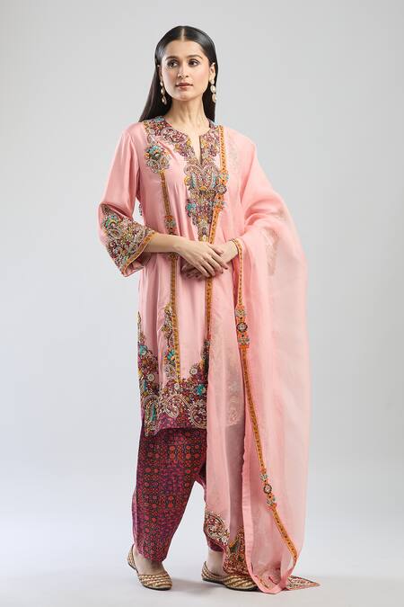 Shop Debyani + CO Pink Cotton, Chiffon Embroidery, Sequins, Beads Split V-neck Floral Kurta Set Online at Aza Fashions Shop_Debyani + CO_Pink Cotton, Chiffon Embroidery, Sequins, Beads Split V-neck Floral Kurta Set _Online_at_Aza_Fashions
