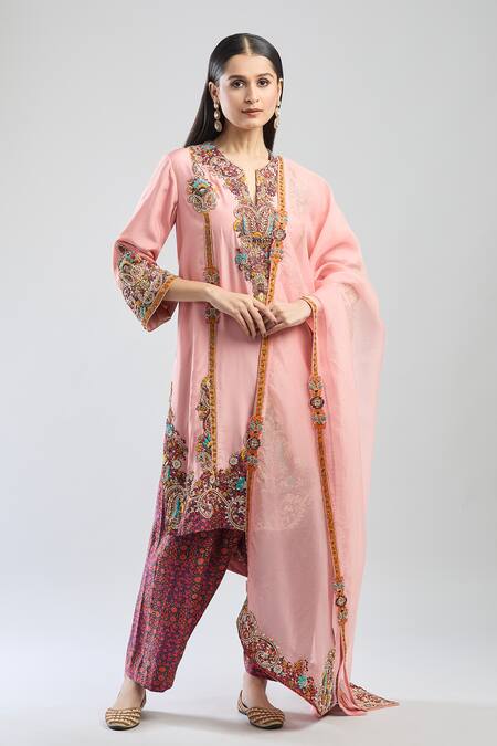 Buy Debyani + CO Pink Cotton, Chiffon Embroidery, Sequins, Beads Split V-neck Floral Kurta Set Buy_Debyani + CO_Pink Cotton, Chiffon Embroidery, Sequins, Beads Split V-neck Floral Kurta Set