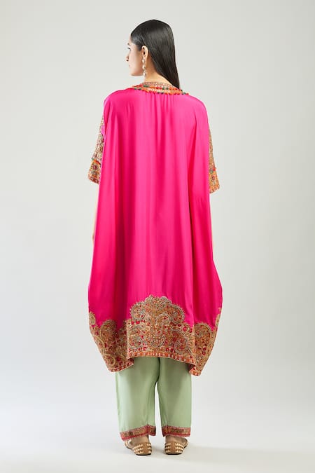 Shop_Debyani + CO_Pink Embroidery, Sequins, Beads Split V-neck Pitta Kaftan And Salwar Set_at_Aza_Fashions