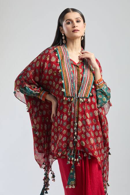 Aseem Kapoor Red Botanical Print Tie-up Cape Online at Aza Fashions Aseem Kapoor_Red Botanical Print Tie-up Cape _Online_at_Aza_Fashions