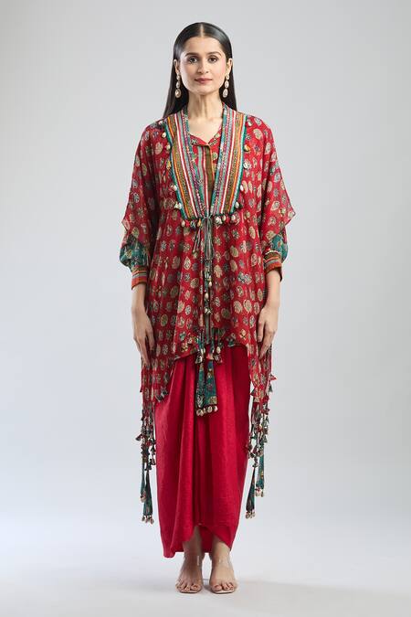Buy Aseem Kapoor Red Botanical Print Tie-up Cape Online at Aza Fashions Buy_Aseem Kapoor_Red Botanical Print Tie-up Cape _Online_at_Aza_Fashions
